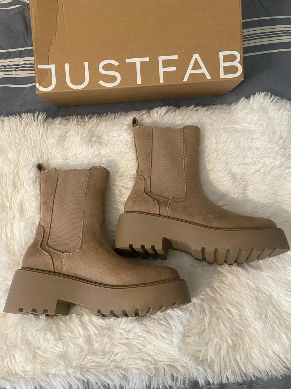 JustFab Tan Suede Platform Chelsea Boots